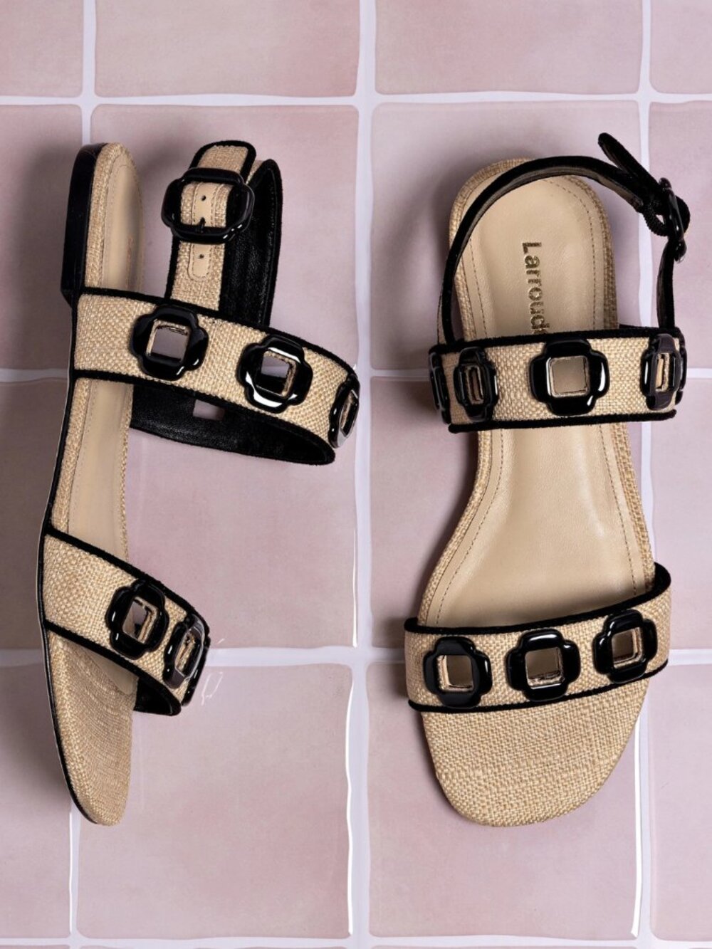 Larroude Milan Flat Sandal In Beige Raffia and Black Trimming